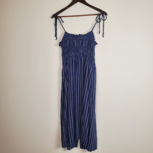 Universal Thread Navy White Striped Smocked Linen Blend Midi Dress W's Large - Picture 6 of 11